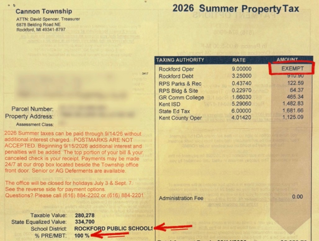 Example 2026 Summer Tax bill from Cannon Township